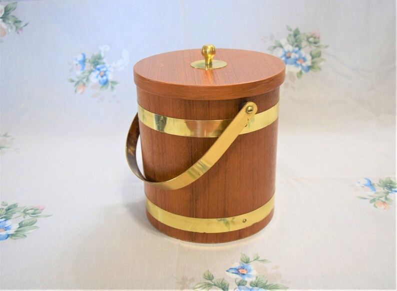 Vintage Wood Ice Bucket Brass Handle Aluminum Interior Ice Etsy