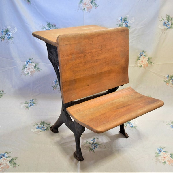 Childs School Desk Fold Up Seat Cast Iron Legs and Sides Vintage One Room School Elementary Furniture Original Condition Time Out Chair
