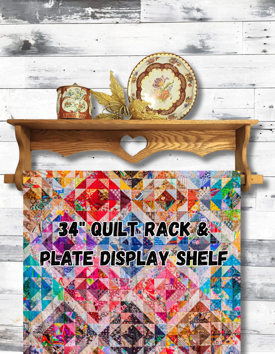 Vintage Long Solid Oak Wood Quilt Rack and Plate Display Shelf Rustic ...