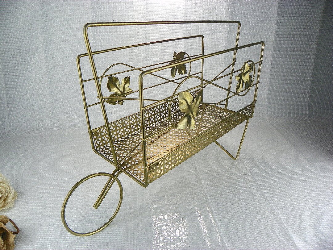 Vintage Metal Magazine Stand Rack Brass Look Book Cart With Falling