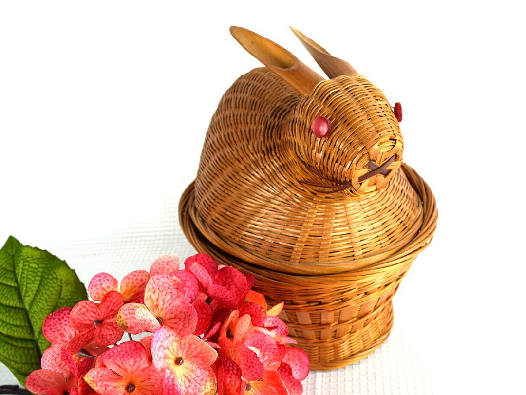 Vintage Easter Bunny Wicker Basket With Pearl Red Button Eyes Etsy