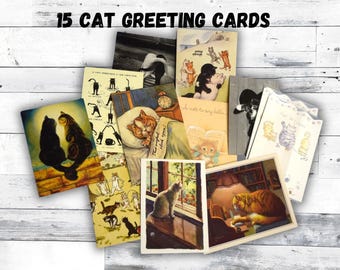 15 Vintage Cat Greeting Cards and Postcards Kitten Foreign and American Cats in Love All Unused