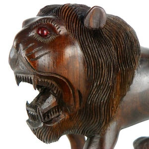 Vintage Ironwood African Lion Wood Carving with Red Glass Eyes and Cub Excellent Detailed Craftsmanship Heavy Wood Sculpture