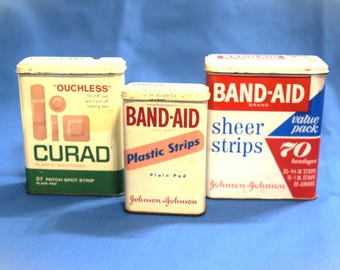 1970-80s Band Aid Tins 3 Empty Tins 2 Band-Aid Brand 1 Curad Brand, Vintage Bathroom Decor & Storage