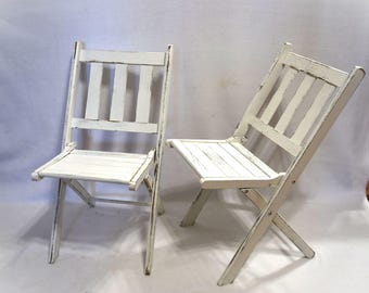 Set of 2 Vintage Childs Folding Wood Chair Distressed White Kids Chair