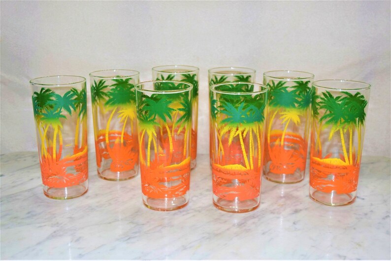 8 Vintage Palm Tree Drinking Glasses Colorful Glassware 16 - Etsy