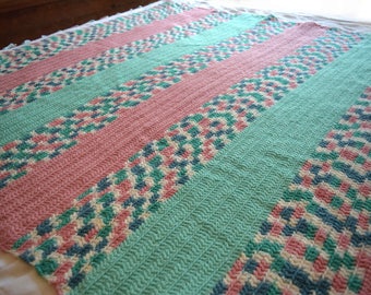 Vintage Large Crocheted Throw Afghan Pink Mint and White with Blue Accents Bed Topper Sofa Blanket 75X50 Lap Warmer Throw
