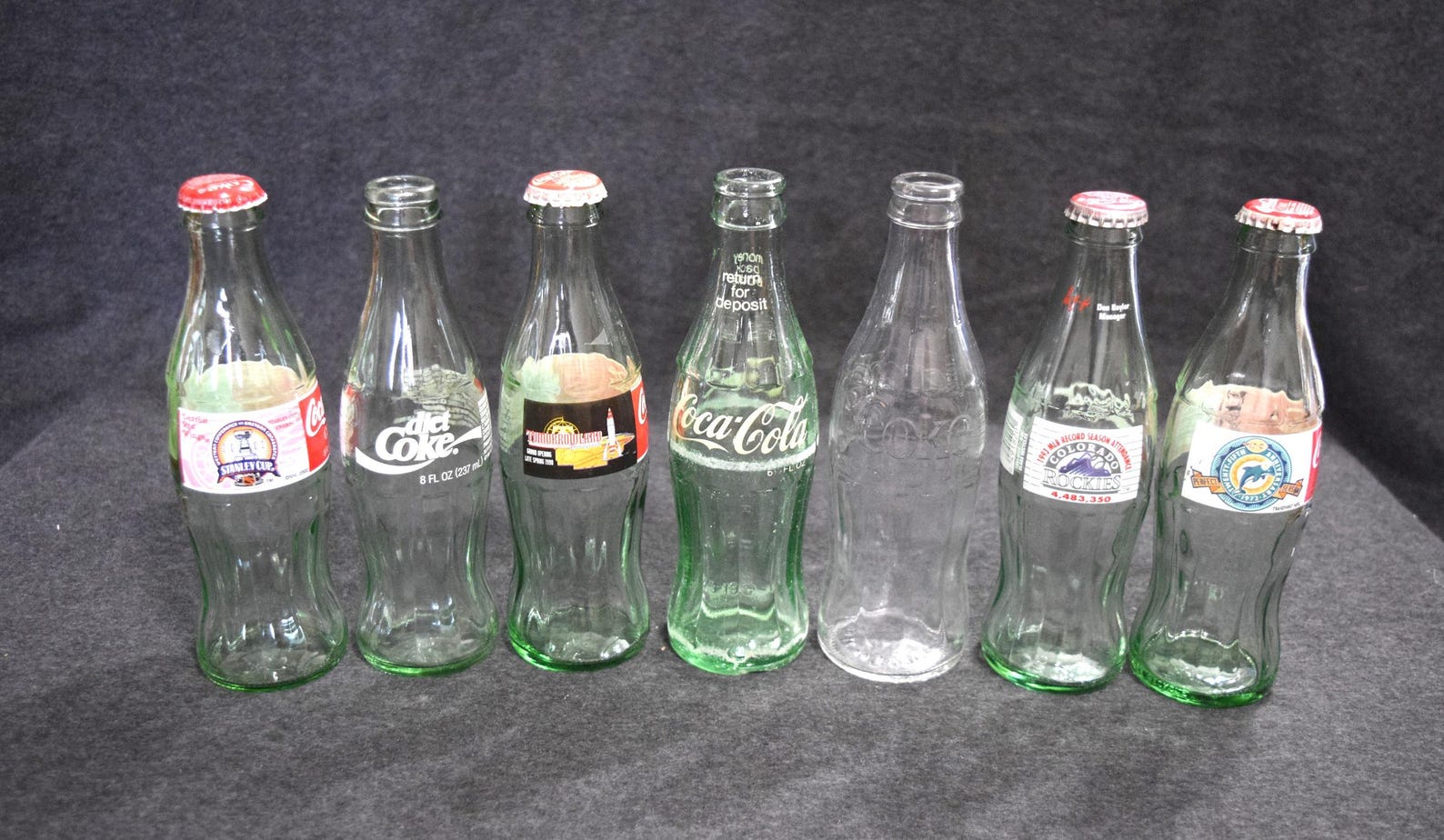 7 Vintage Coca Cola Pop Bottles Green Glass Embossed White Lettering 8 ...