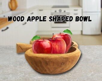Vintage Hand Carved Wood Apple Bowl Apple Shaped Rustic Carving Unfinished Surface Fruit Bowl Kitchen Counter Decor
