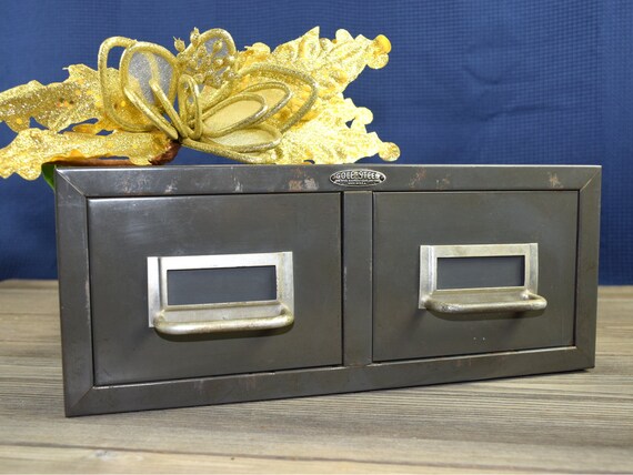 Vintage Metal 2 Drawer Card File Cabinet Industrial Gray File Etsy
