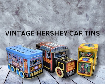 Vintage Hershey Milk and Trolley Car Tins or Tin Circus Wagon Bank