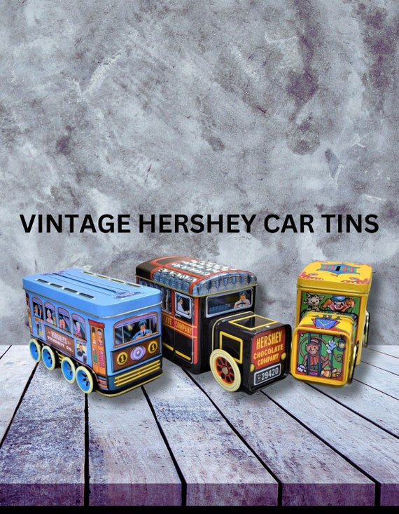 Vintage Hershey Milk and Trolley Car Tins or Tin Circus Wagon Bank