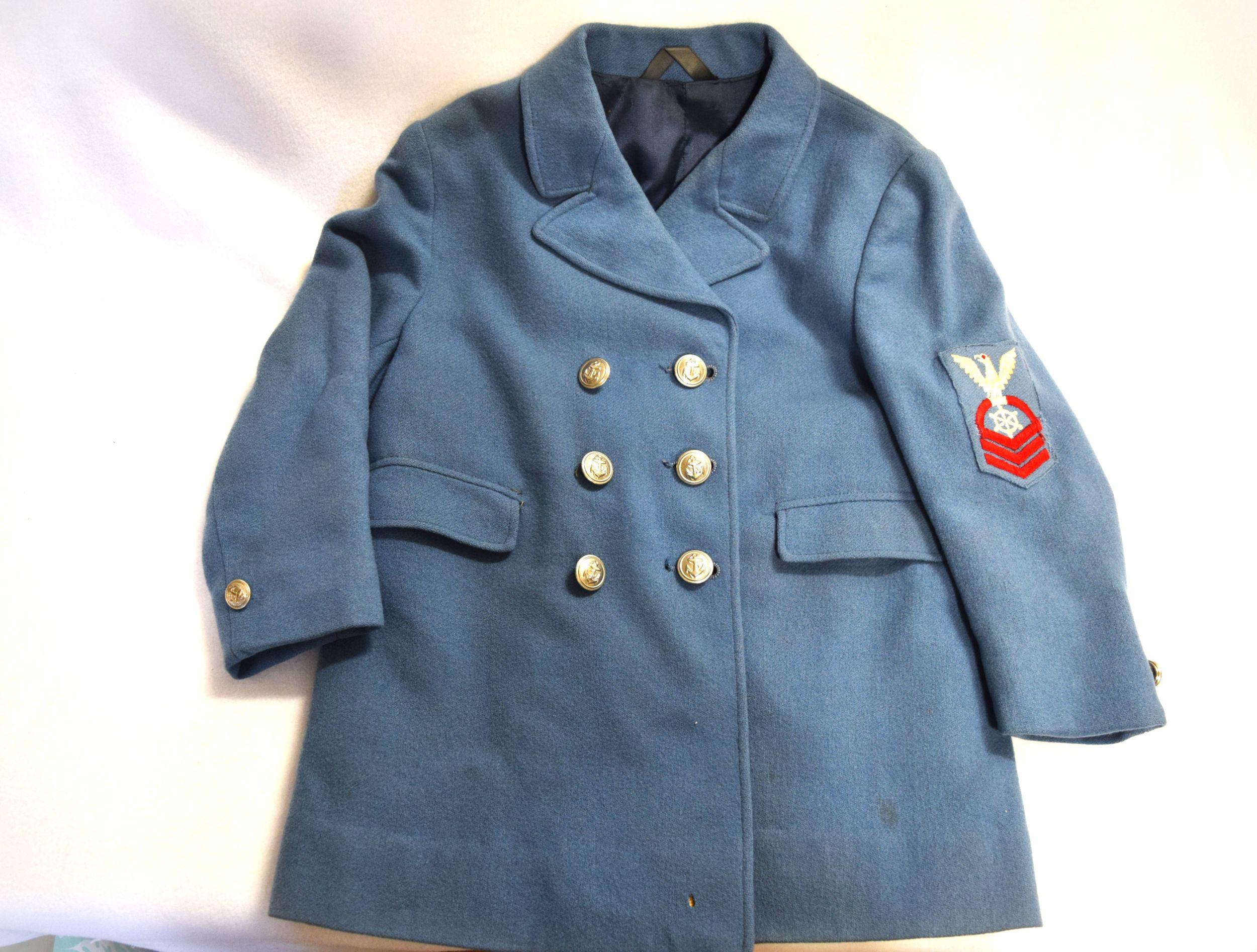 Vintage Boys Wool Sailor Dress Coat Peacoat Double Breasted with Silver Anchor Buttons