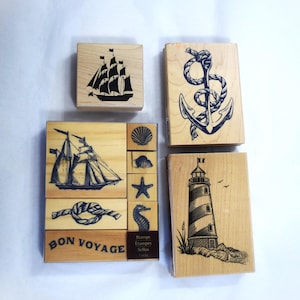 Nautical Rubber Stamps Wood Mounted Unused New Stamps Clipper Ship, Ship Anchor, Lighthouse, Combo Set of 7, or Buy All 10