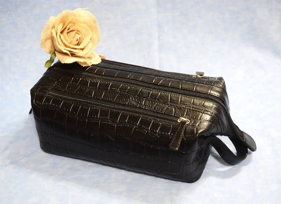 Vintage Black Leather Shaving Bag Toiletry Travel… - image 1