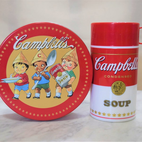 Vintage Campbell Soup Thermos and Campbells Soup Kids Tin Advertising Tins