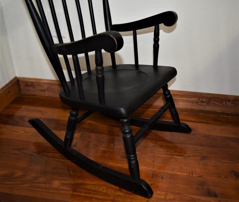 Vintage High Back Child's Rocking Chair Wood Painted Black Etsy