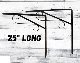 2 Extra Wide Vintage Metal Corbels Shelf Brackets 25" Wrought Iron Scroll Heavy Duty Shelf Brackets Wall Decor