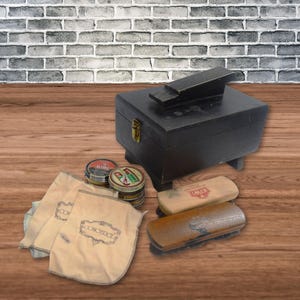 Vintage Wood Shoe Shine Box Kit with 2 Palm Brushes Polish Cloths 5 Tin Can Polish Hand Crafted Cobblers Groomer Kit Shoe Polishing Storage