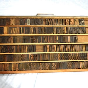 May include: A wooden printing block case with multiple rows of letterpress type. The case is filled with various letters, numbers, and symbols. The case is made of wood and has a light brown finish.