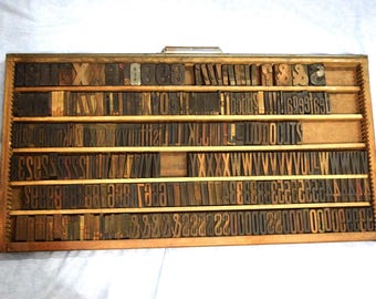 Printers Typeset Drawer with 300 Wood Letterpress Block Letters Printer Block Vintage Type Set Print Industrial Salvage Hamilton Tray