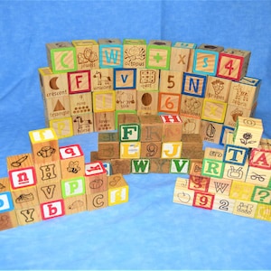 Assortment of 110 Vintage Childrens ABC 123 Wood Blocks Different Sizes