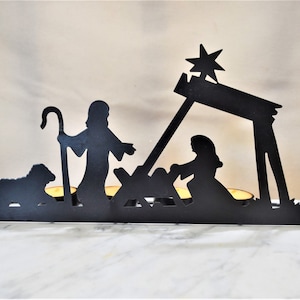 Christmas Nativity Scene Metal Votive Holder Vintage 1960s Black Metal Silhouette Candle Holder Holiday Centerpiece Decor