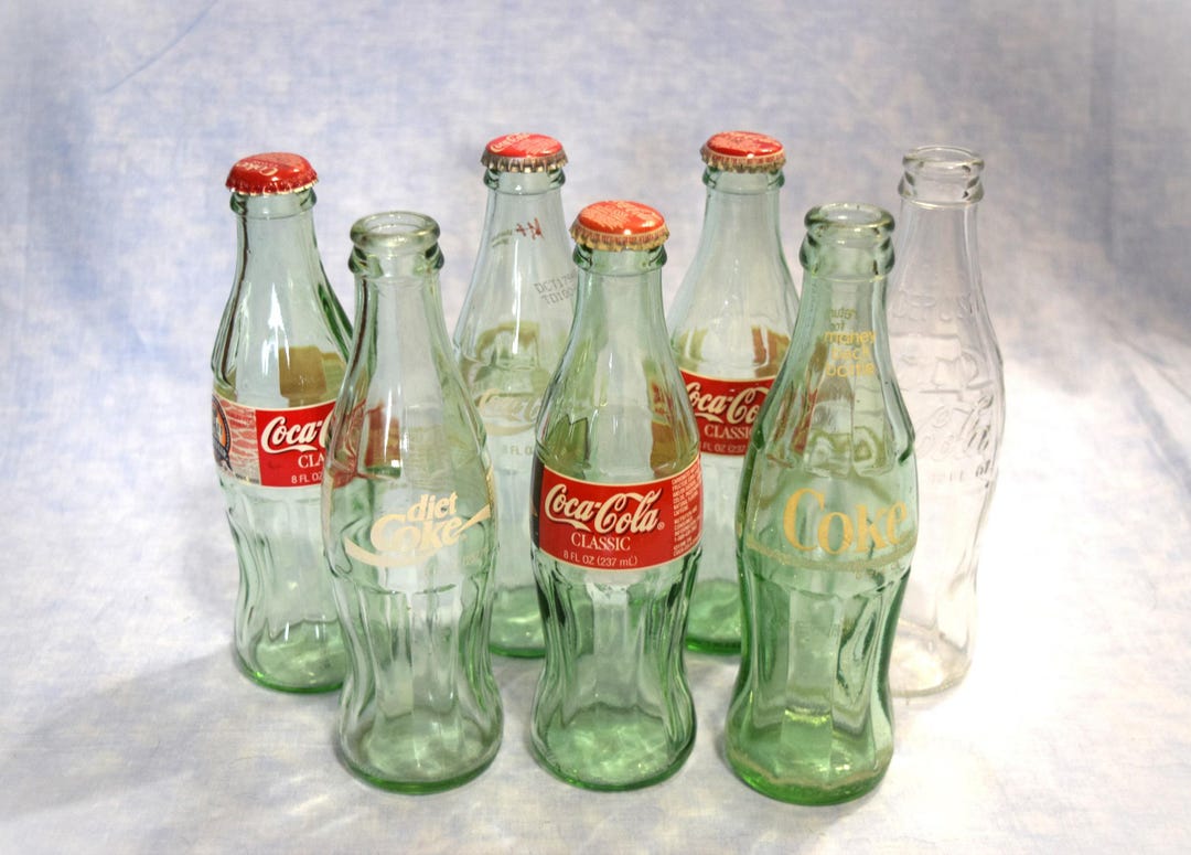 7 Vintage Coca Cola Pop Bottles Green Glass Embossed White Lettering 8 ...