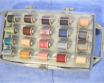 Vintage Spool Caddy Folding Compartments Carrying Thread Case Sewing Storage Includes 20 Spools of Thread Shown and Sewing Accessories
