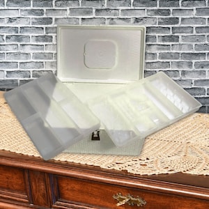 Large 1960s White Acrylic Sewing Box Storage Basket 2 Full Length Lift Out Trays Inside Vintage Portable Sewing Caddy
