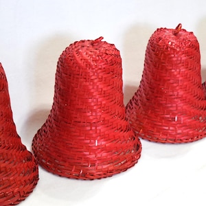 Set of 4 Vintage Red Christmas Bells Natural Woven Wicker Bells Stackable Nesting Holiday Decor