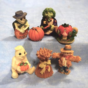 Halloween Miniatures 7 Vintage Minis for your Shadow Box or Dollhouse Decor Witch Ghost Skeleton Scarecrow Pumpkin Haystack