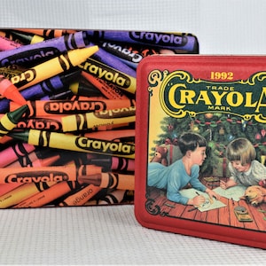 2 Vintage Crayola Crayon Tins 1992 Christmas Tin Limited Edition 1999 Large Colorful Tin Metal Box Christmas Cookie Tin Gift
