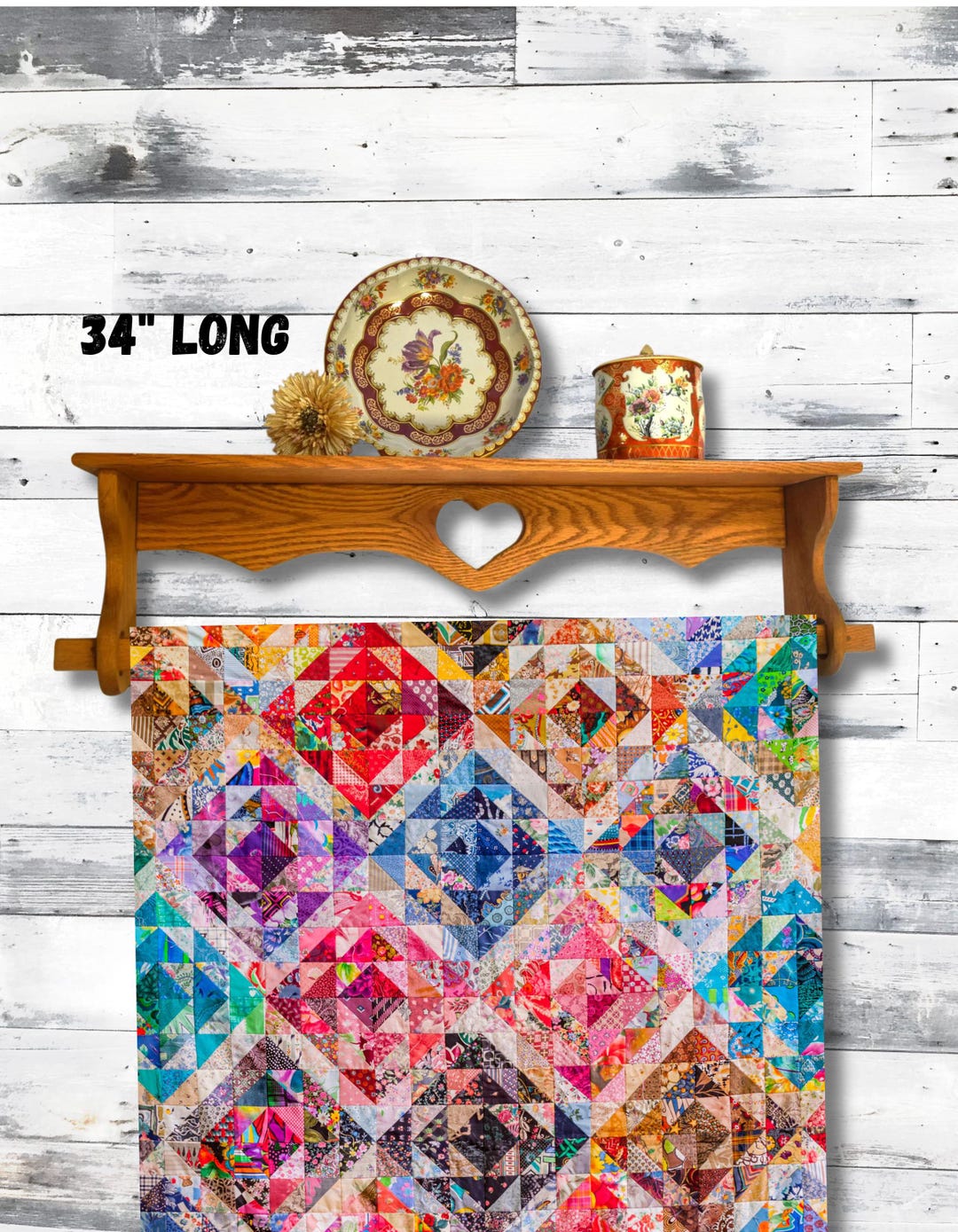 Vintage Large Solid Oak Wood Quilt Rack With Plate Shelf Rustic Country ...