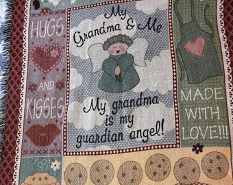 Vintage Grandma and Me Throw Afghan Woven Afghan Cookies Candy Kisses and Love Grandma Angel Lap Warmer Sofa Blanket