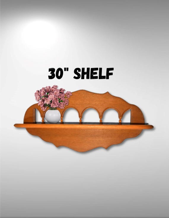 Vintage Large 30 Inch Wood Wall Shelf Solid Oak Shelf Router Finish Edges Cutout Arch Design Long Wall Shelf