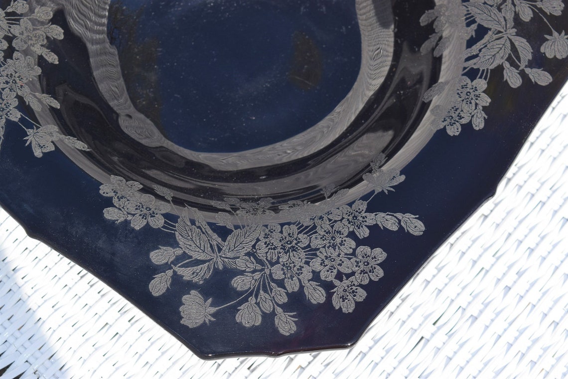 Rare Fostoria Black Glass Bowl Ebony Onyx Etched Bowl with Etsy