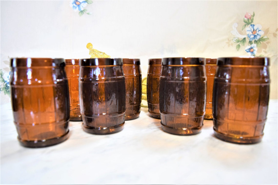 8 Vintage Dark Amber Glasses Whiskey Wine Barrel Shaped - Etsy