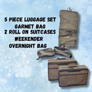 Vintage 5 Piece Jordache Luggage Set Tapestry and Vinyl Garment Bag Large/Medium Suitcases Weekender, Overnight Bag Your Set for any Stay