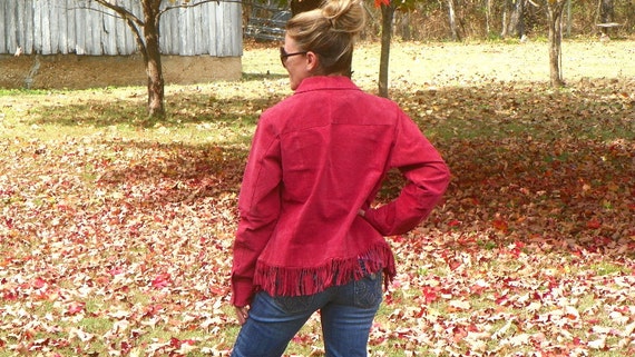 Vintage Ladies Red Leather Jacket Fringe Bottom S… - image 2