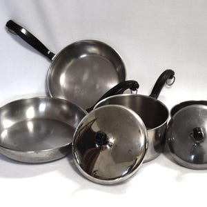Vintage Farberware Set Stove Top Pot and Pan 6 Piece Set Stainless Steel Aluminum Clad Mid Century Cooking Pot Yonkers NY USA