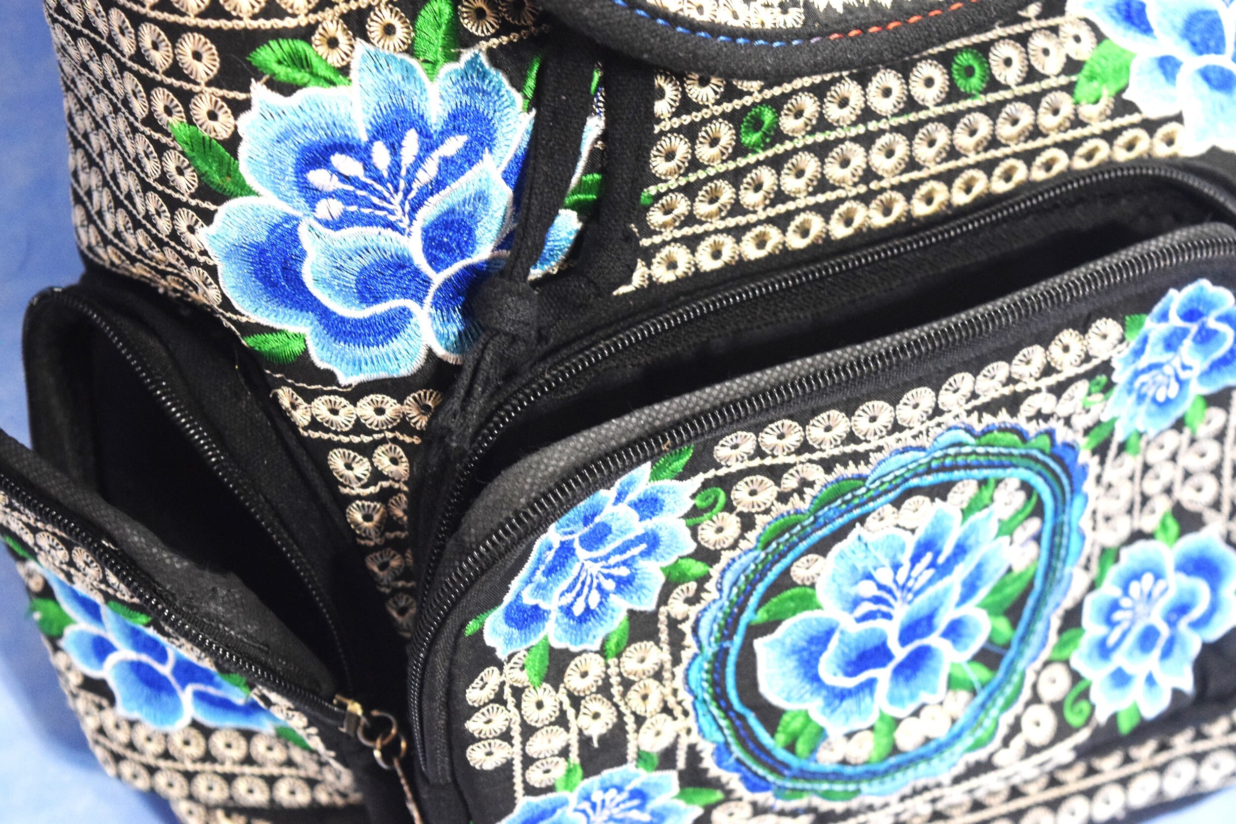 Vintage Surfware Navy Floral Drawstring Backpack Vintage Embroidered Backpack Bag Colorful Blue Floral  main image 4