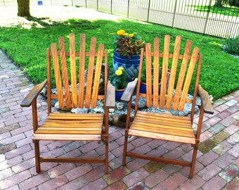 Pair of Vintage 40s Wooden Folding Chairs Watling Slatted Chairs Original Finish Adirondack Style Back Chairs Patio Outdoor Seating