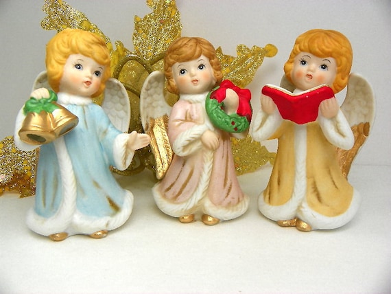 3 Darling Christmas Angel Figurines Vintage Home Interiors Musical Themed Angels