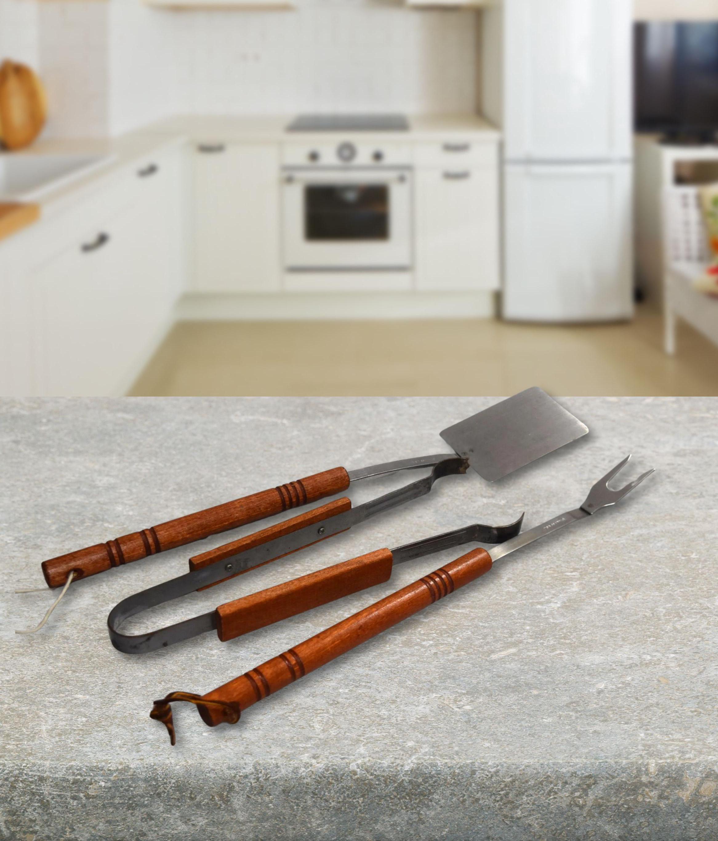 Lot De 3 Ustensiles De Barbecue Vintage En Cuivre Avec Manche Bois