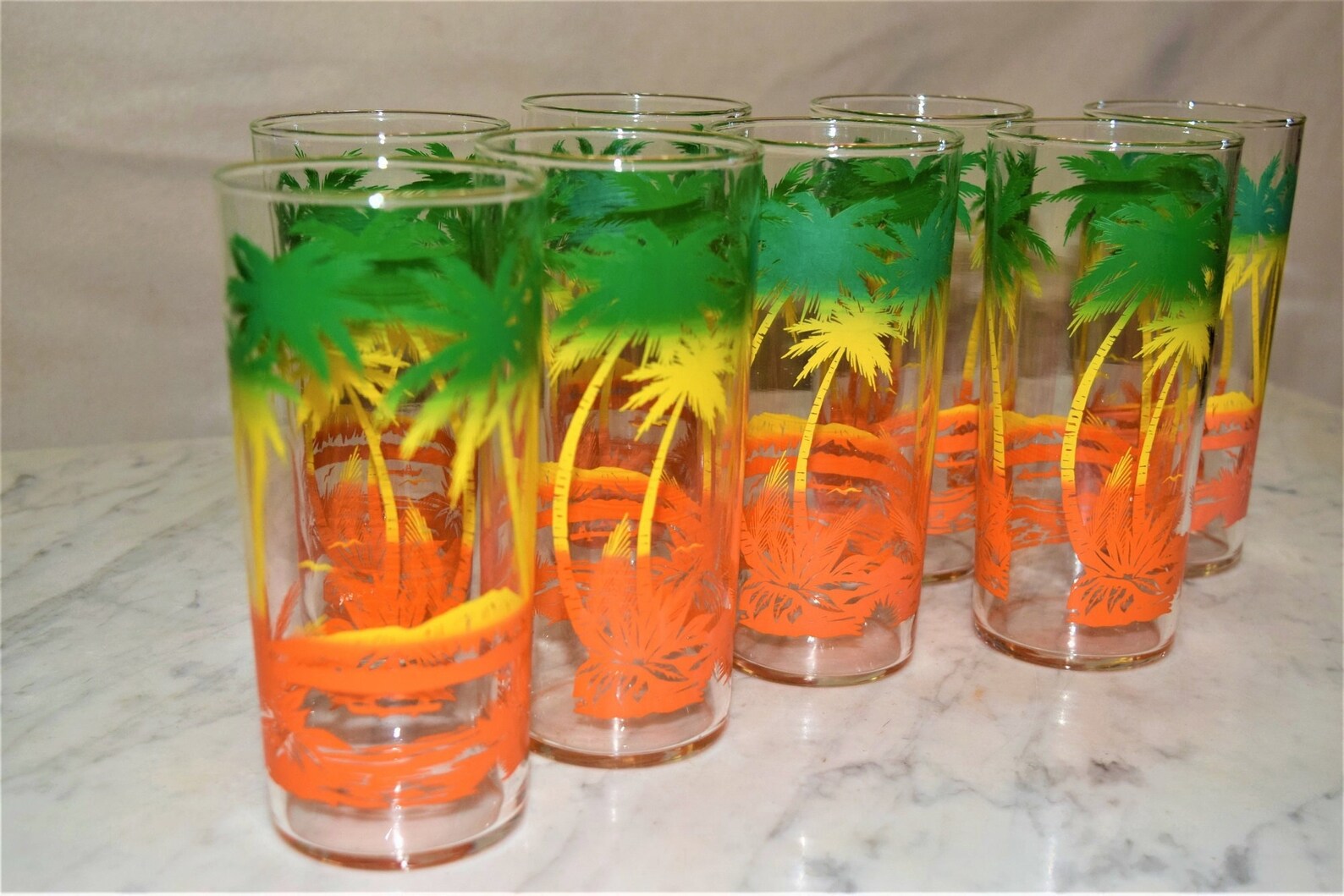 8 Vintage Palm Tree Drinking Glasses Colorful Glassware 16 Etsy