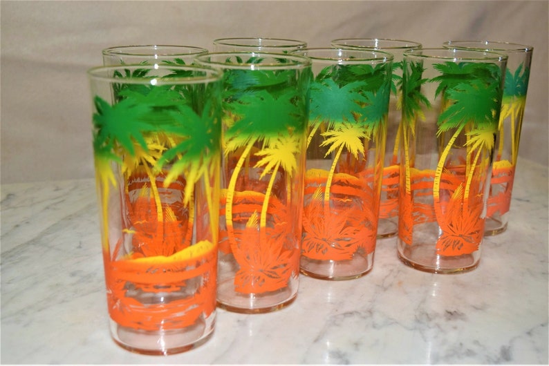 8 Vintage Palm Tree Drinking Glasses Colorful Glassware 16 Etsy