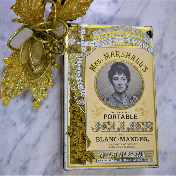 Large Vintage Mrs. Marshalls Jellies Tin Box Victorian Lady on Front Beautiful Gold Design Berkshire England Tin Sewing Kitchen Storage Tin
