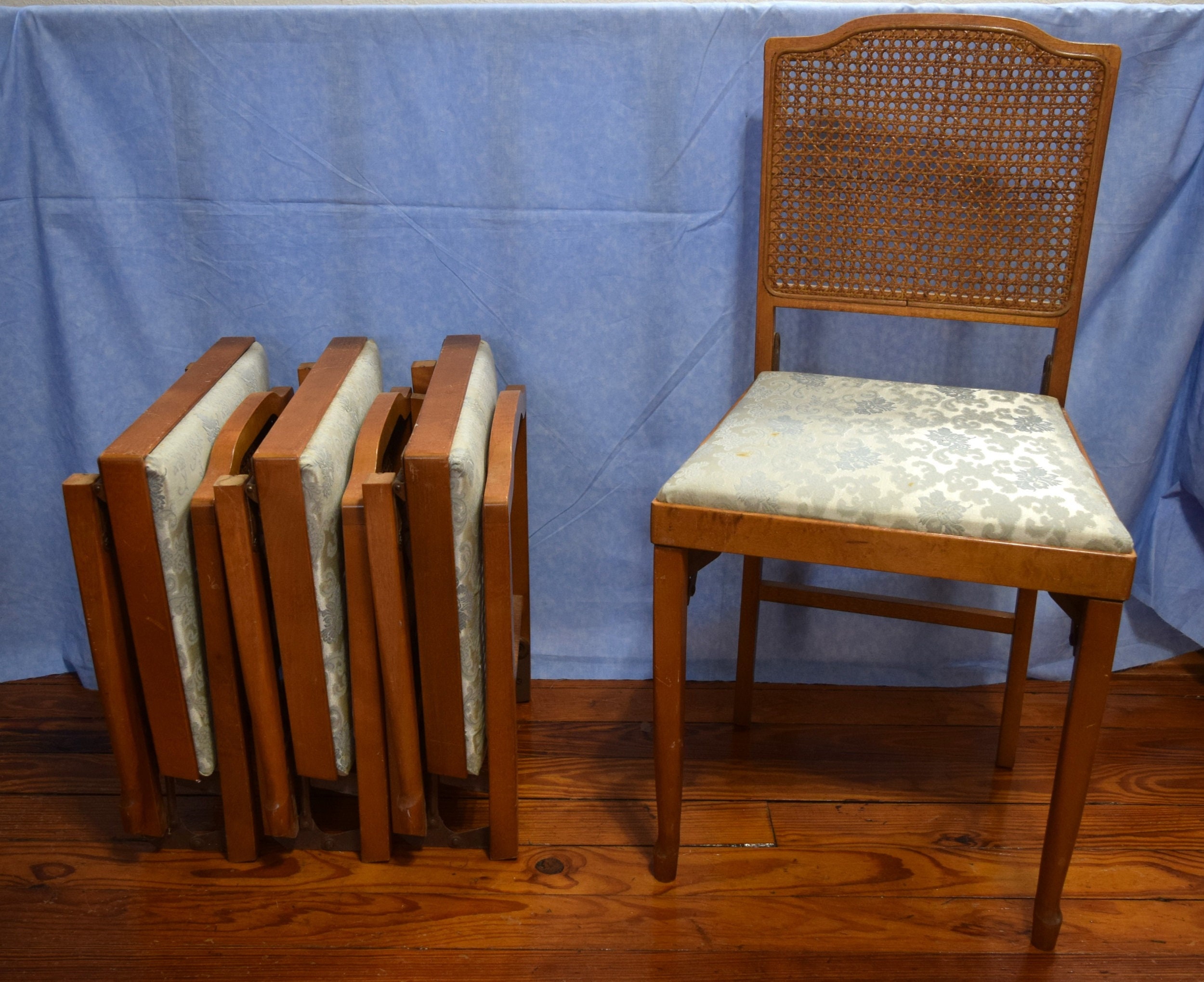 4 Vintage Wood Folding Chairs Rattan Dining Chair Mid Century