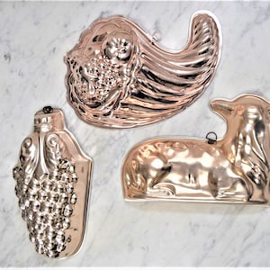 Vintage Copper Aluminum Jello Molds Grape Cluster Lamb Cornucopia Mid Century Kitchen Wall Decor Holiday Dessert Mold Cake Pan